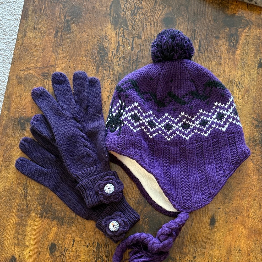 Purple Knit Hat and Gloves Set for women